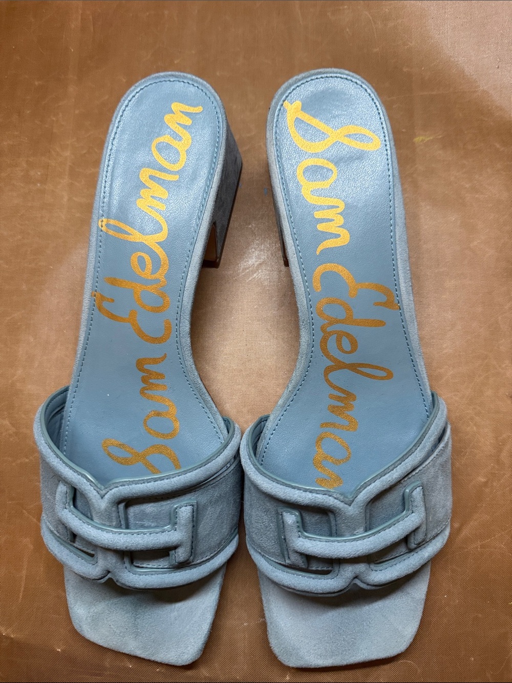 Sam Edelman Light Blue Suede Slide Mules with Interlocking Strap